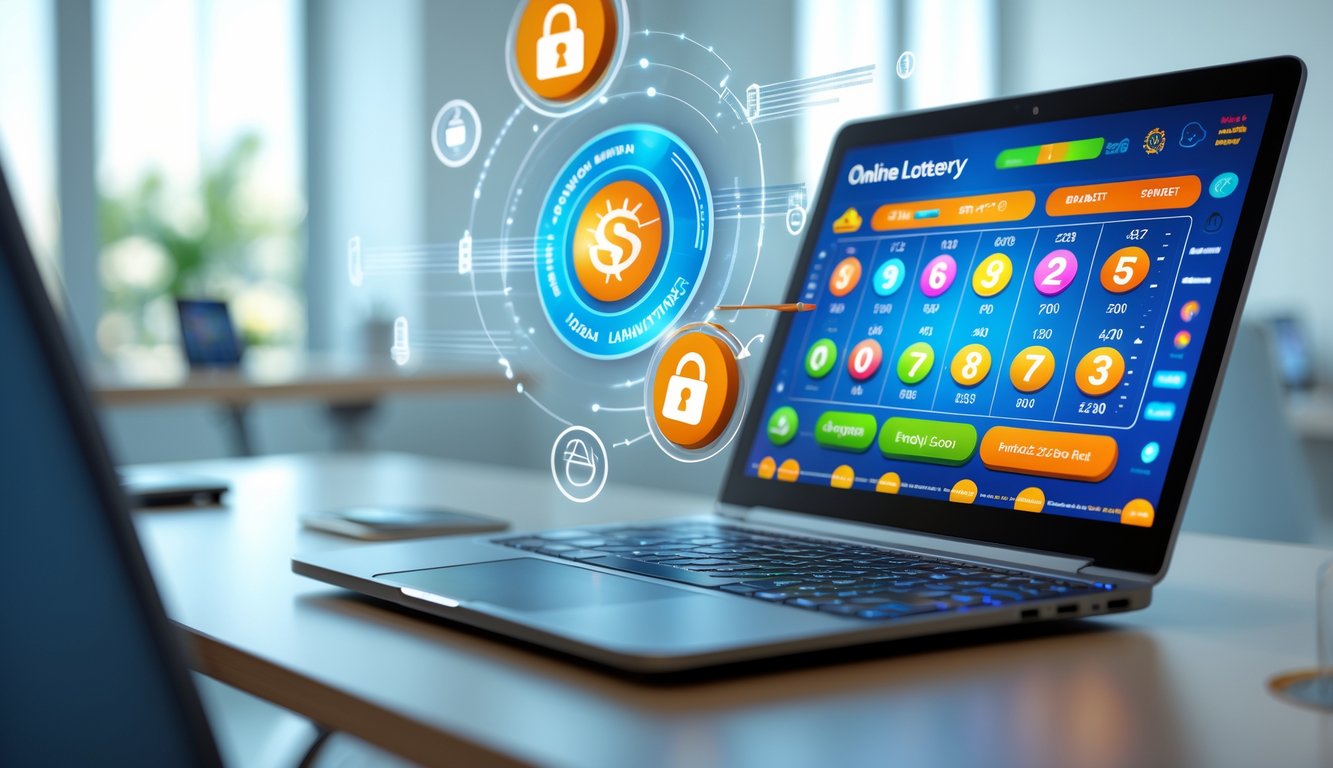 Seorang profesional menggunakan komputer dengan tampilan antarmuka permainan togel online yang resmi dan terpercaya di lingkungan kantor yang terang dan modern.