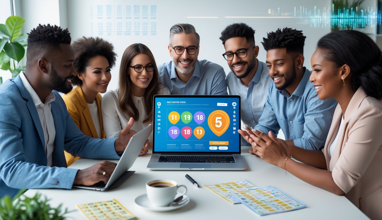 Sekelompok orang sedang menggunakan laptop dan ponsel untuk bermain togel online di sebuah kantor yang terang dan rapi.