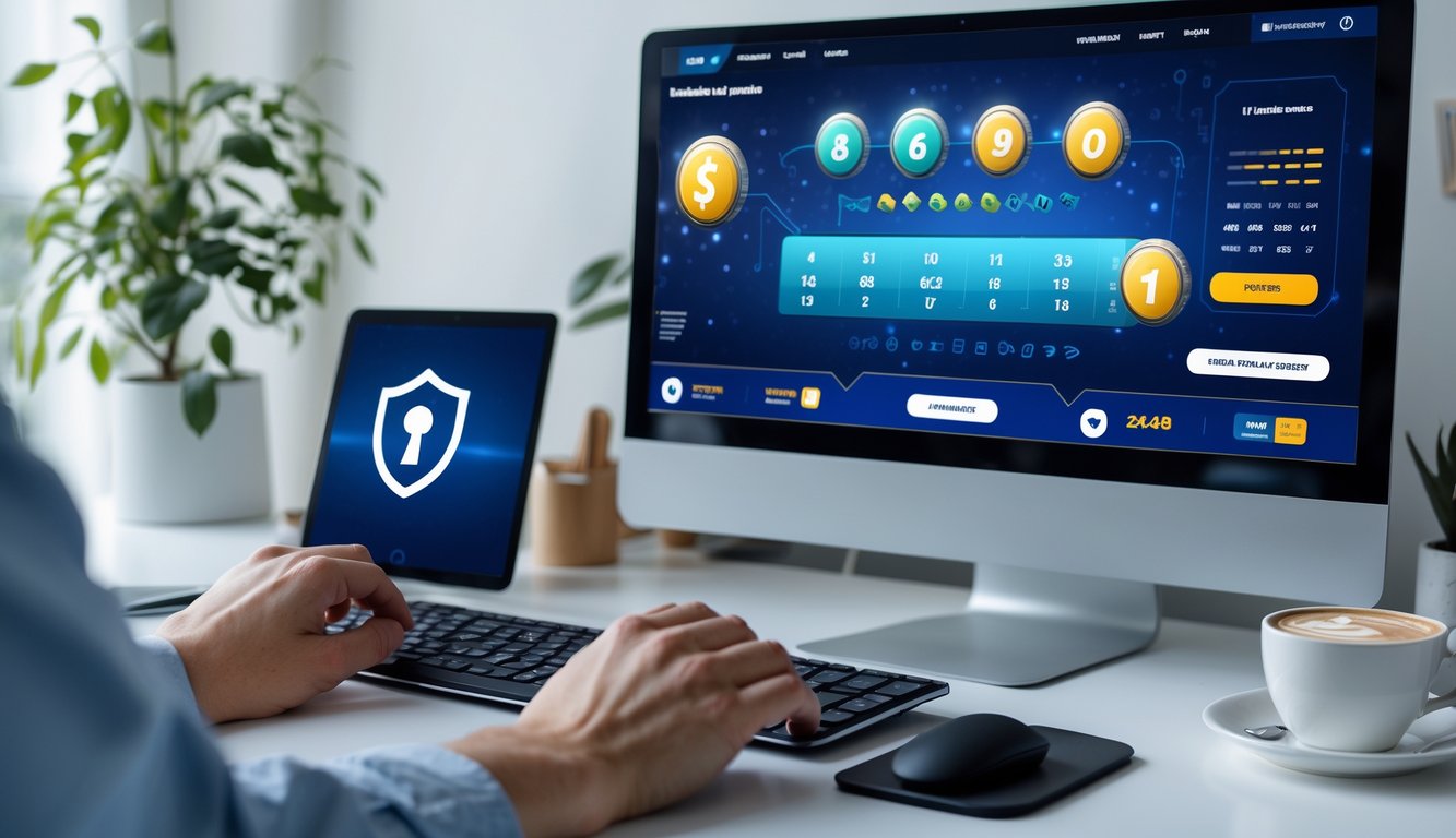 Meja kerja modern dengan komputer dan ponsel yang menampilkan antarmuka permainan togel online, tangan seseorang sedang menggunakan mouse dan keyboard.