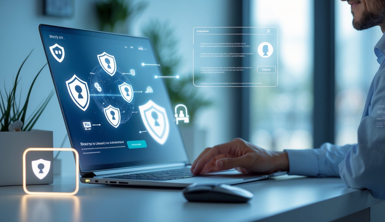 Seseorang menggunakan komputer di meja kerja modern dengan ikon keamanan digital di latar belakang.