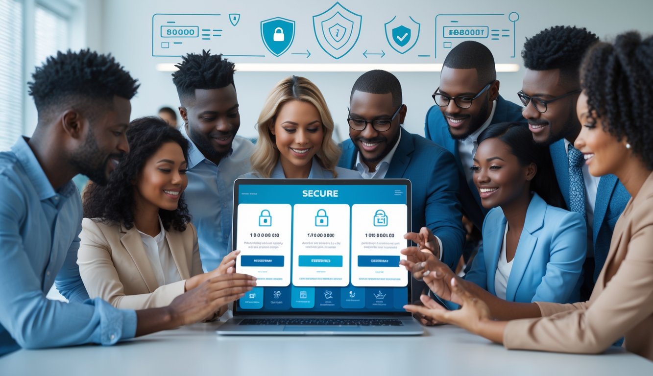 Sekelompok orang sedang berdiskusi dan melihat perangkat digital yang menampilkan platform togel online yang aman dan terpercaya di sebuah kantor yang terang dan bersih.