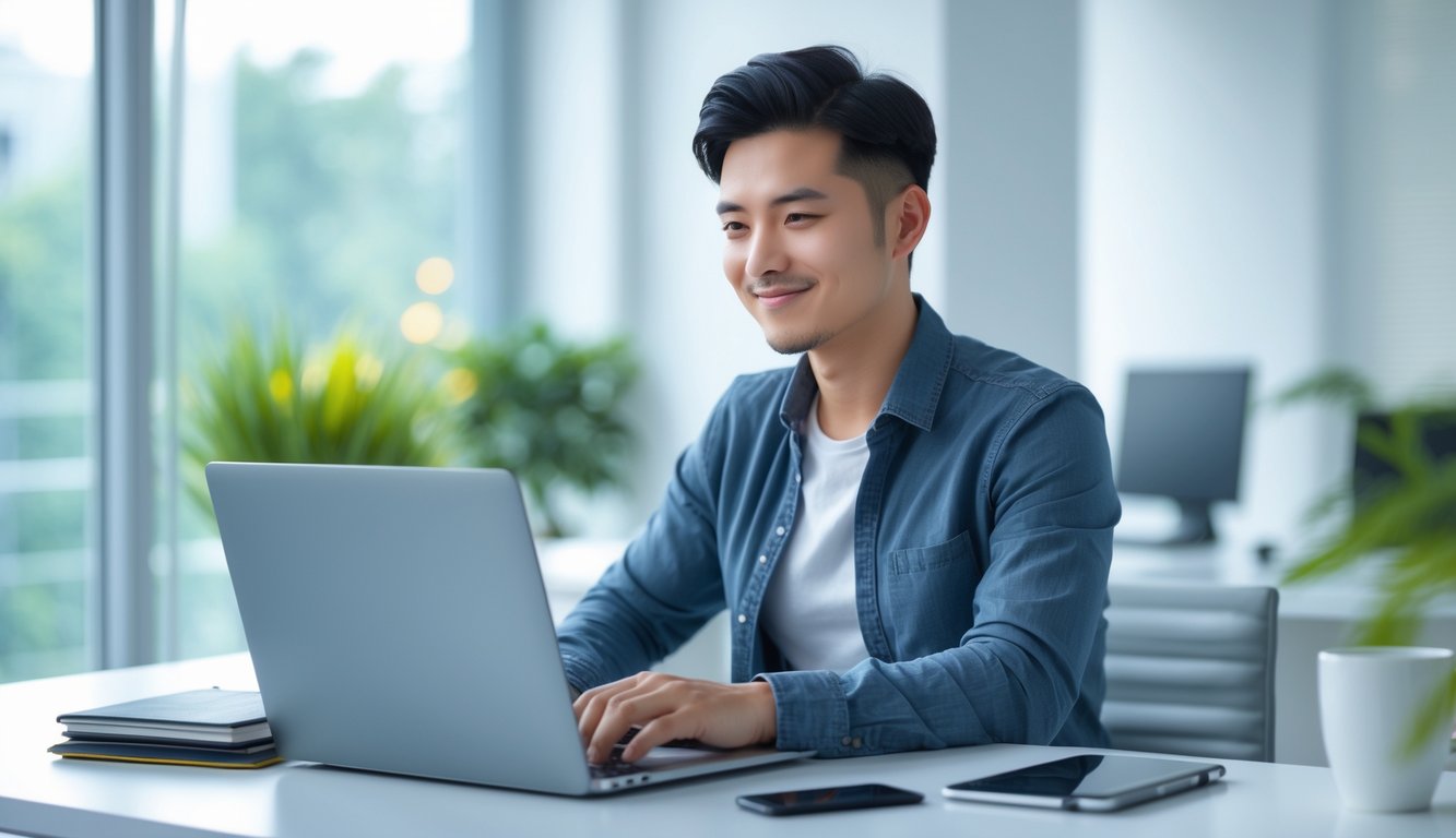 Seorang pria muda duduk di meja kerja menggunakan laptop di kantor yang terang dan rapi dengan tanaman hijau di latar belakang.