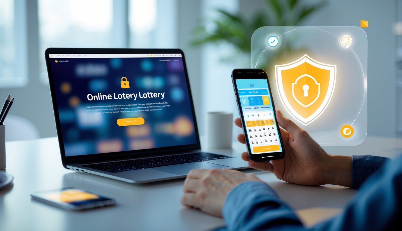 Seorang individu menggunakan laptop dan smartphone di meja kerja modern dengan simbol keamanan digital di latar belakang.