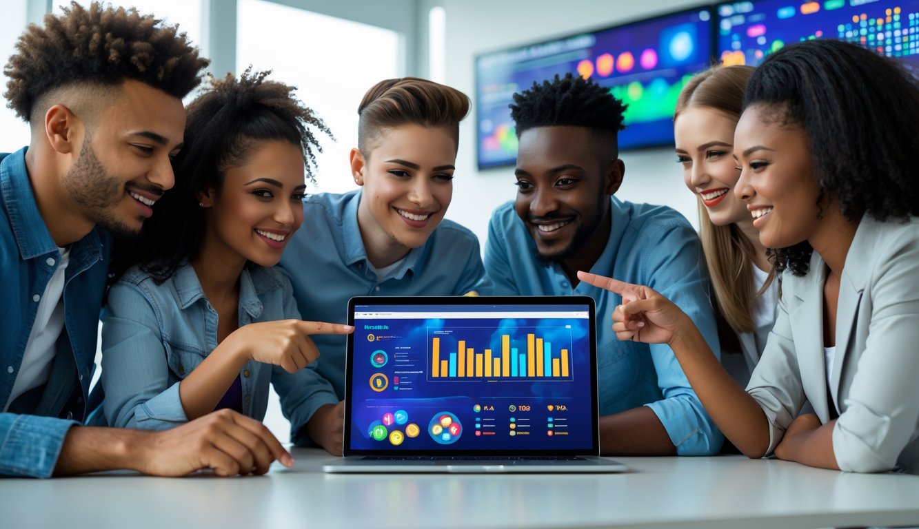 Sekelompok orang muda sedang berdiskusi di sekitar laptop di kantor modern yang terang dan rapi.