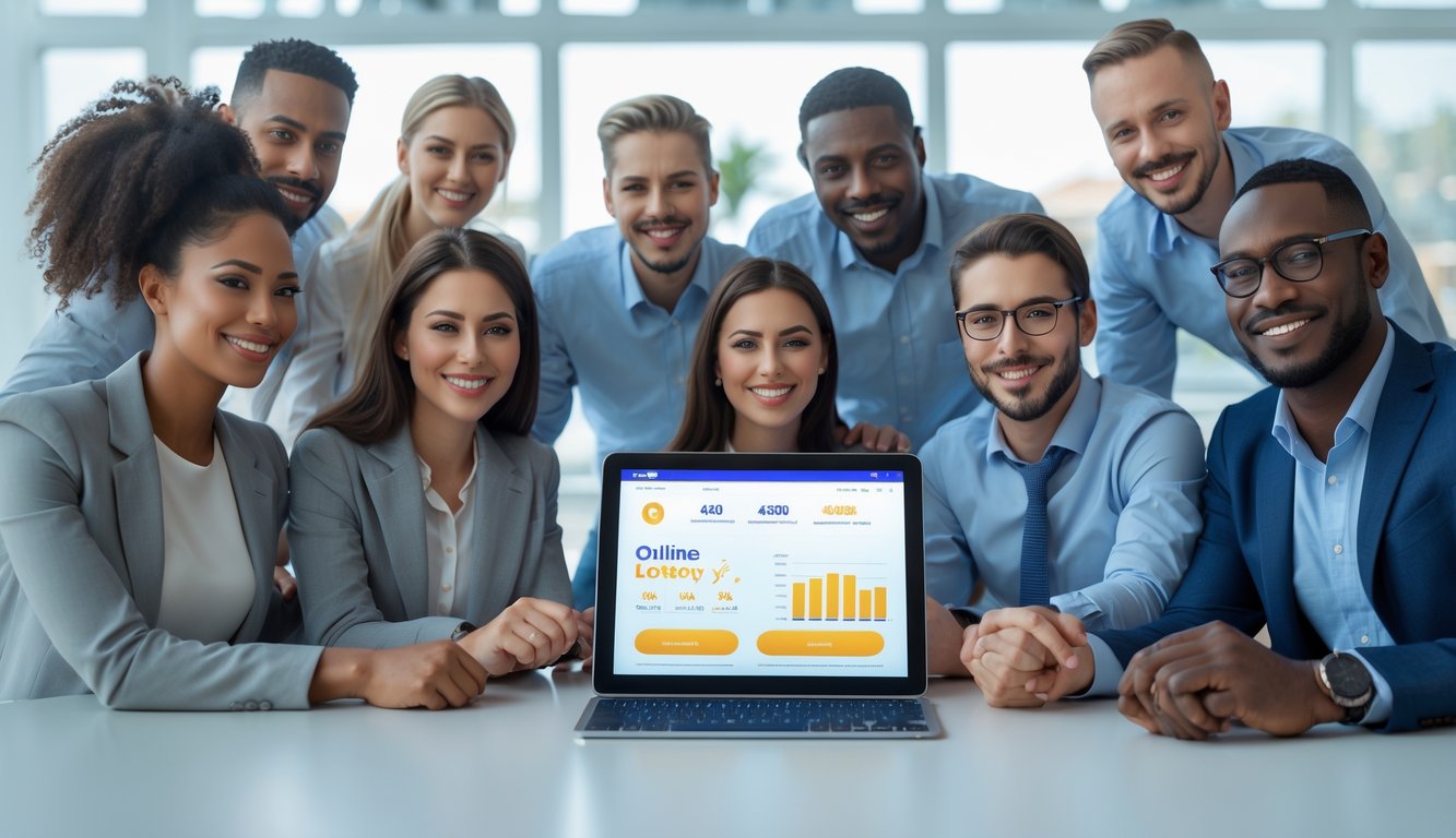 Sekelompok orang profesional sedang melihat perangkat digital dengan antarmuka platform lotere online di kantor modern yang terang.