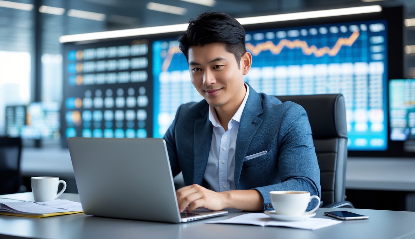 Seorang pria muda duduk di meja dengan laptop, memeriksa data dan grafik di kantor modern yang terang.