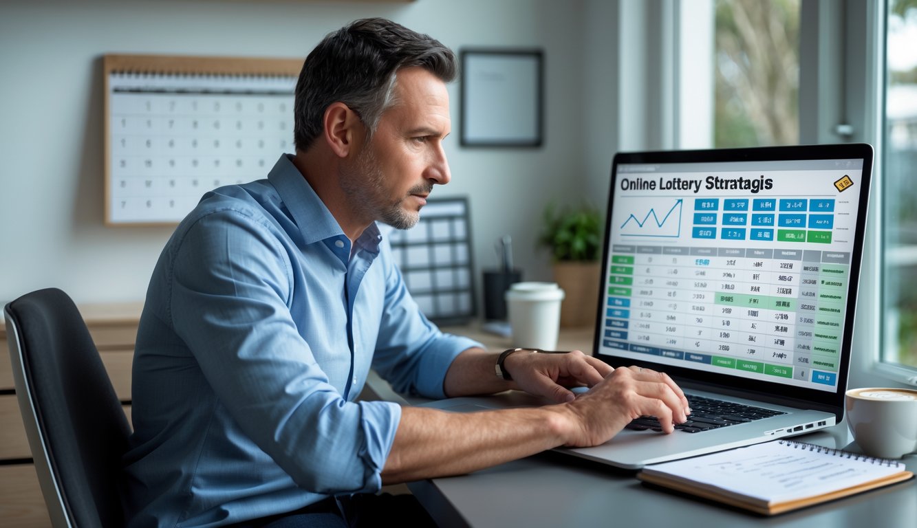 Seorang pria dewasa duduk di meja kerja dengan laptop, fokus melihat layar dan mencatat strategi togel online.