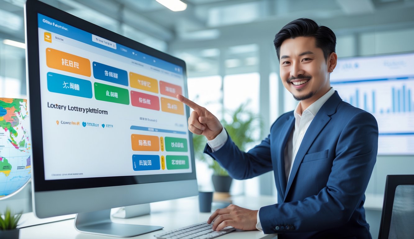 Seorang profesional Asia menggunakan komputer dengan tampilan platform lotere online di kantor modern yang terang dan rapi.