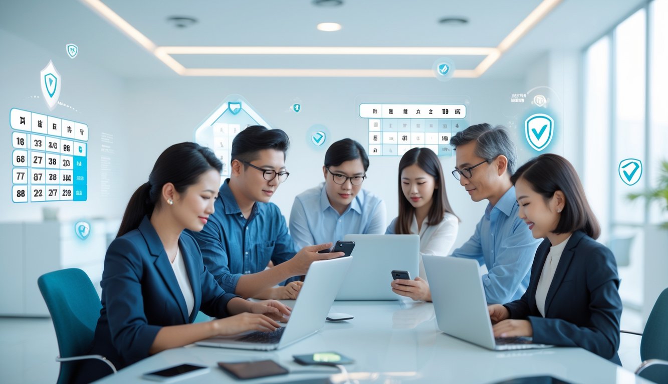 Beberapa orang menggunakan laptop dan ponsel di kantor modern dengan grafik angka lotere di latar belakang.