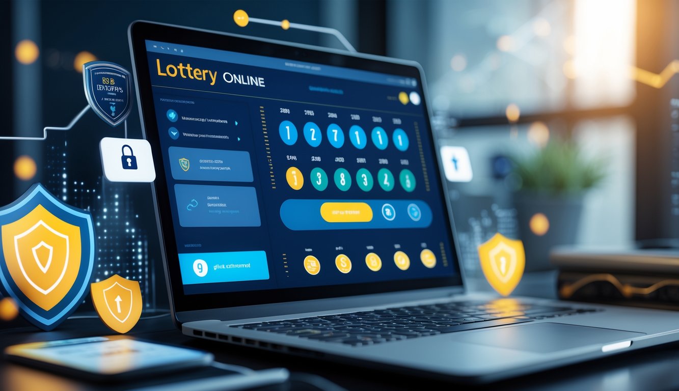 Meja kerja modern dengan laptop yang menampilkan antarmuka lotere digital dan simbol keamanan seperti gembok dan sertifikat.