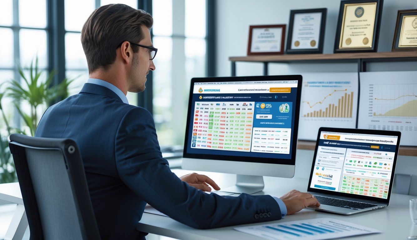 Seorang profesional sedang bekerja di meja dengan beberapa perangkat digital yang menampilkan situs togel online, di kantor terang dengan jendela besar.