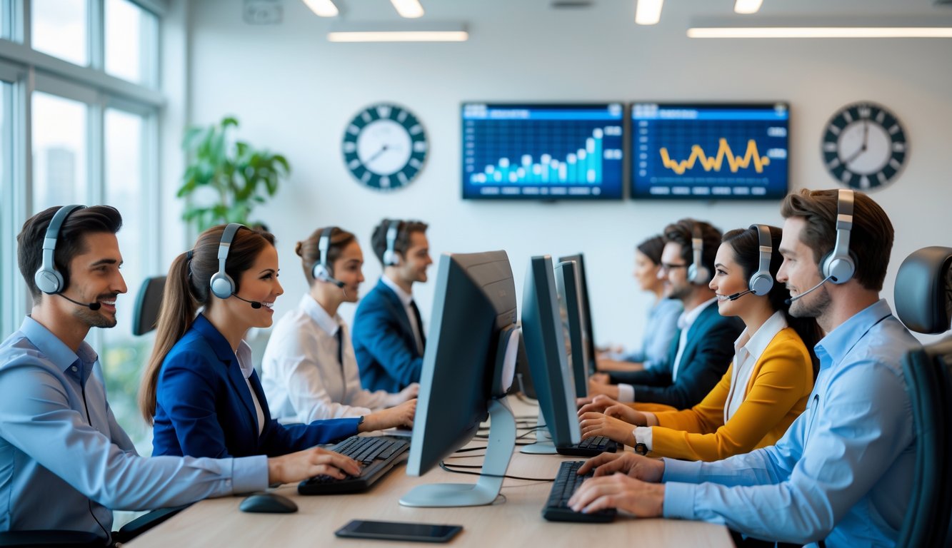 Tim layanan pelanggan yang ramah bekerja di kantor modern dengan komputer dan headset, memberikan dukungan sepanjang waktu.