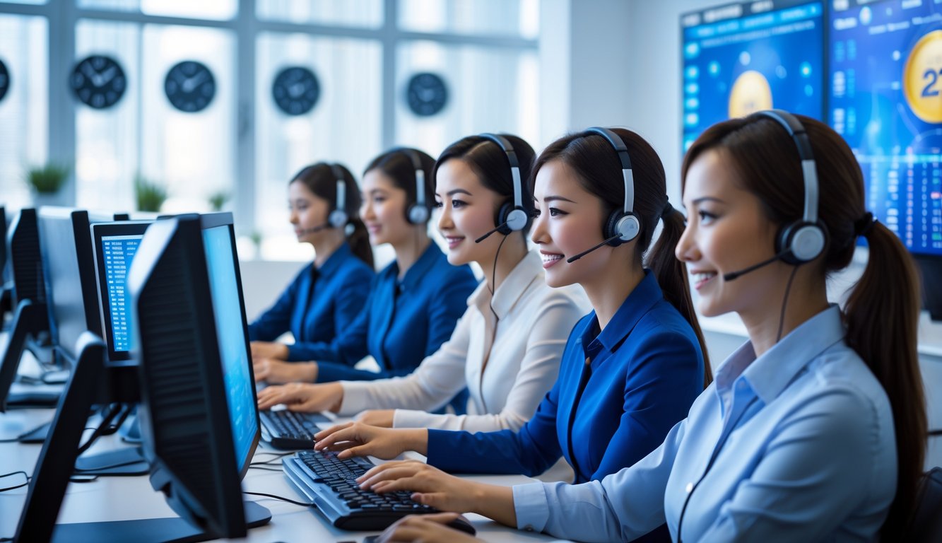 Seorang tim layanan pelanggan yang ramah sedang bekerja di pusat layanan dengan komputer dan headset, menunjukkan suasana kantor yang modern dan terpercaya.