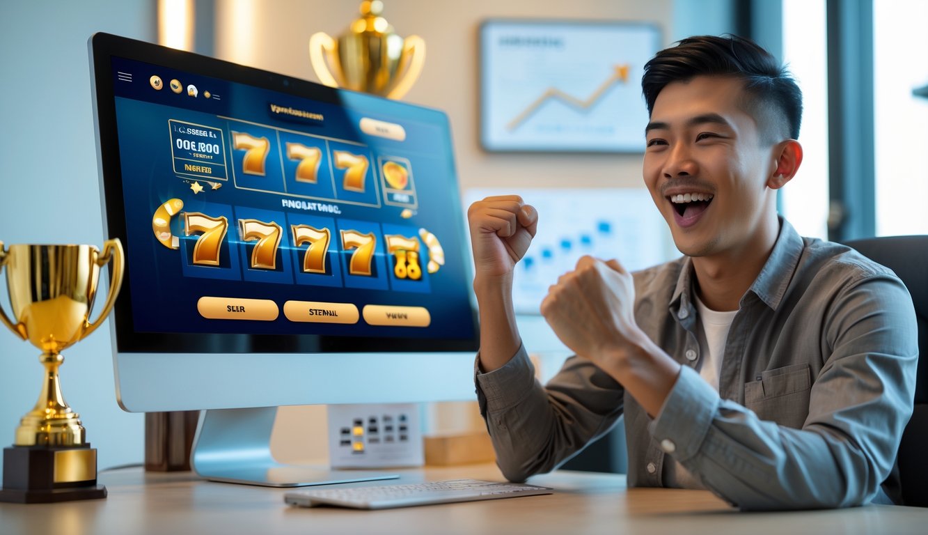 Seorang pria Indonesia muda sedang merayakan kemenangan di depan layar komputer dengan tampilan permainan slot online di sebuah kantor yang rapi dan terang.