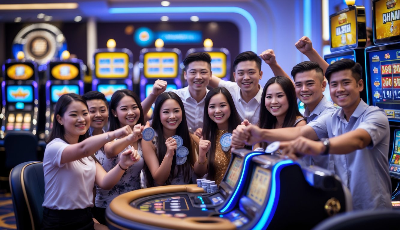 Sekelompok orang muda merayakan kemenangan di mesin slot di dalam kasino modern yang terang dan ramai.