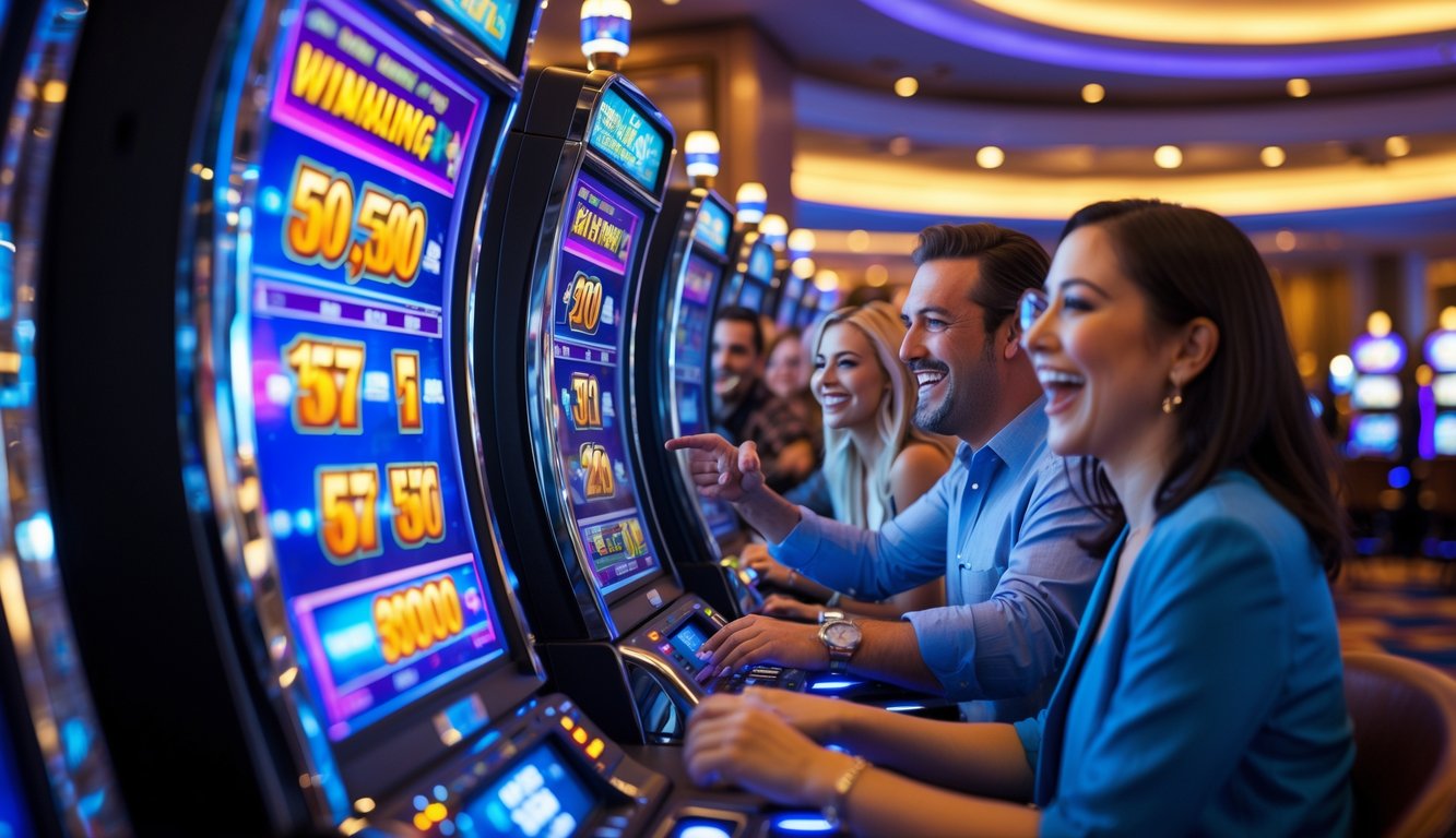 Orang-orang bermain mesin slot di kasino dengan suasana ceria dan mesin yang berwarna-warni.