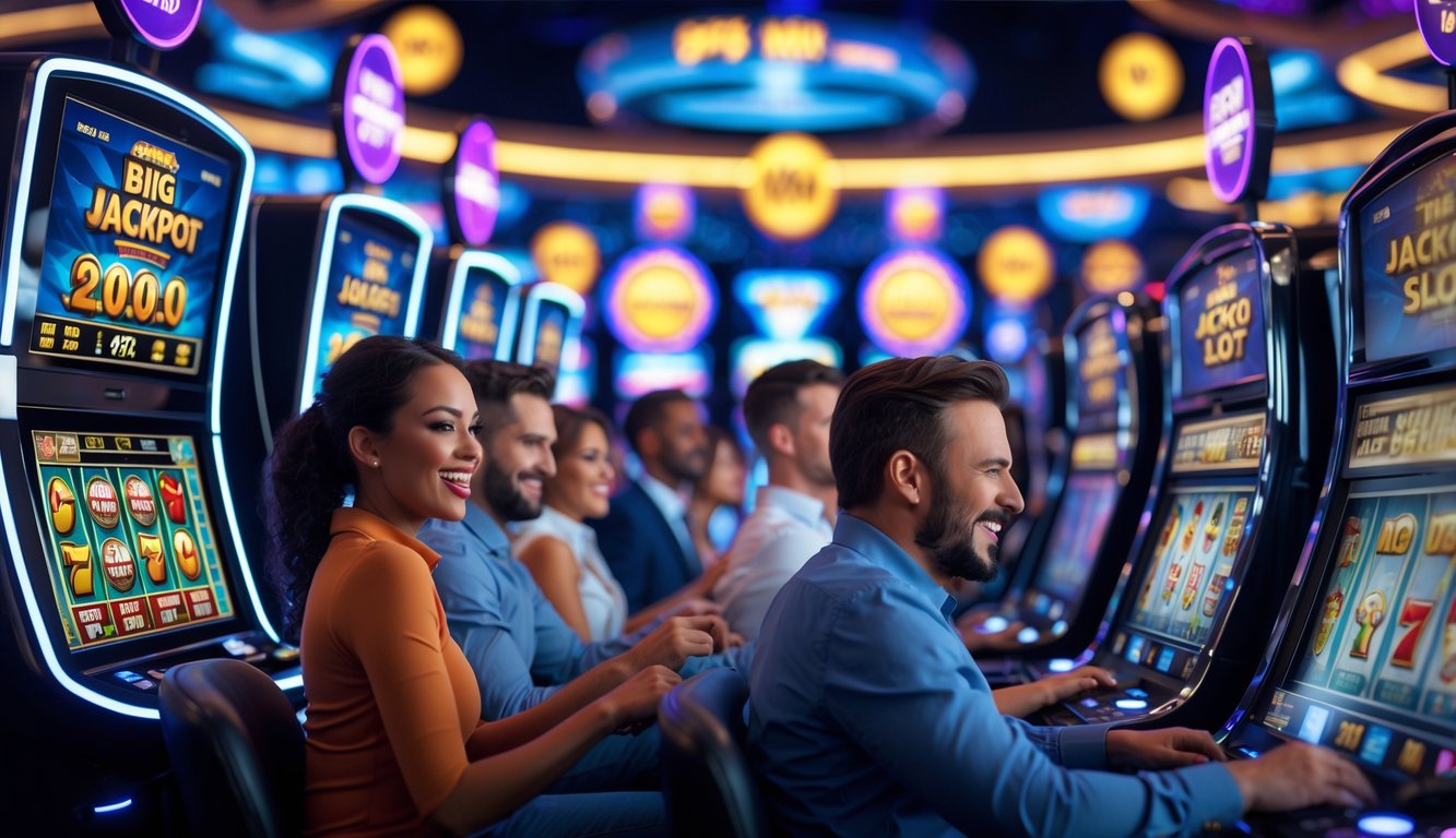 Orang-orang bermain mesin slot digital di lingkungan kasino modern dengan suasana cerah dan penuh semangat.