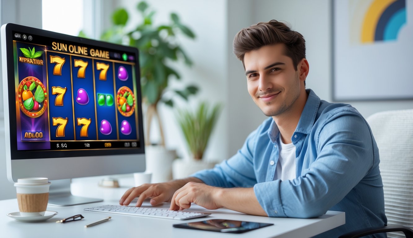 Seorang pria muda duduk di meja komputer modern di ruang kerja rumah yang terang, fokus bermain permainan slot online di layar komputer.