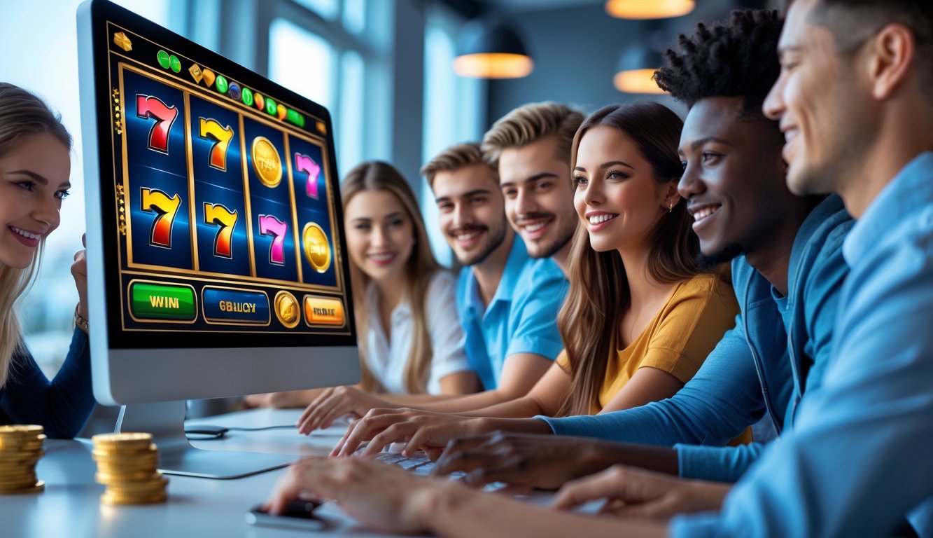 Beberapa orang muda sedang bermain permainan slot online di depan komputer dengan ekspresi fokus dan antusias.