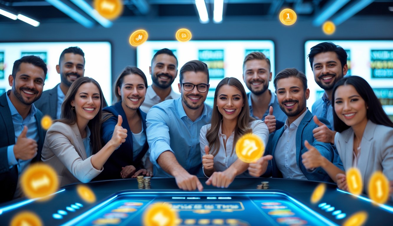 Sekelompok orang beragam yang tersenyum dan merayakan di sekitar perangkat permainan digital di ruang kantor modern.