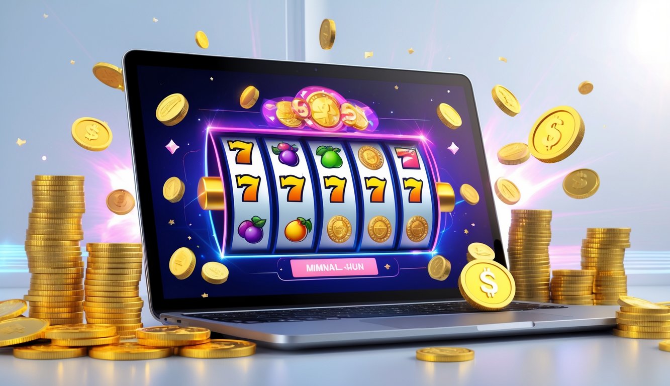 Sebuah laptop dengan tampilan mesin slot berwarna-warni dan tumpukan koin serta uang di sekitarnya, menggambarkan permainan slot online yang terpercaya dan bonus besar.