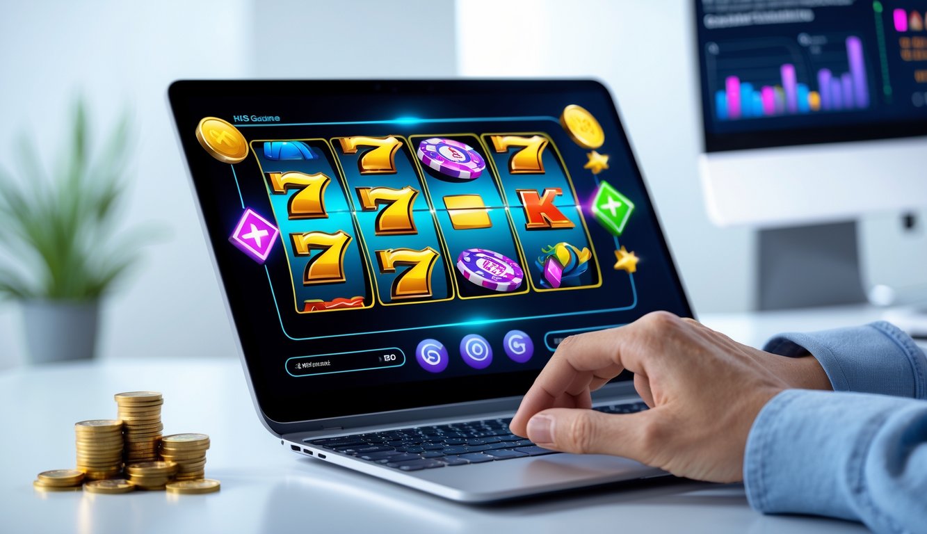 Seorang pengguna sedang bermain mesin slot online di komputer dengan tampilan yang cerah dan menarik, menunjukkan suasana permainan yang terpercaya dan menyenangkan.