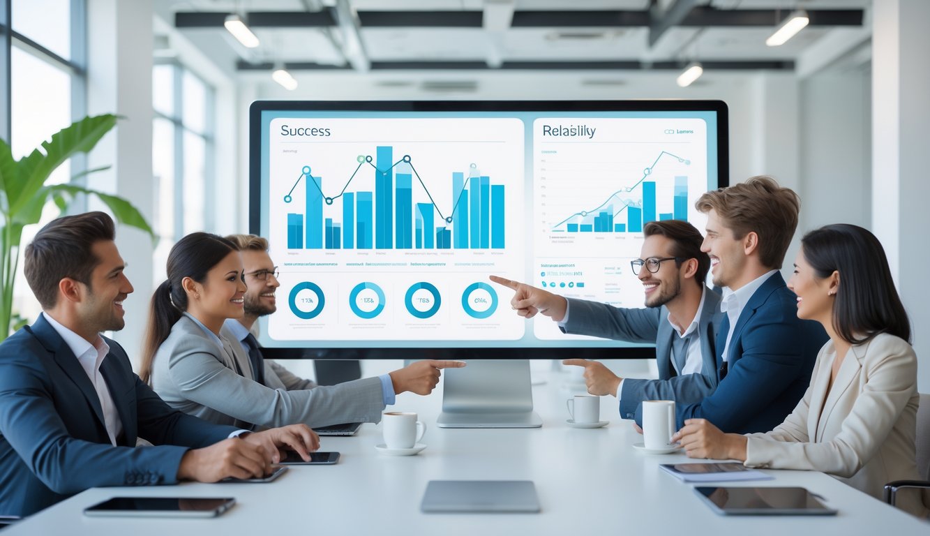 Sekelompok profesional muda sedang berdiskusi di ruang kantor terang dengan layar komputer besar menampilkan grafik dan diagram.