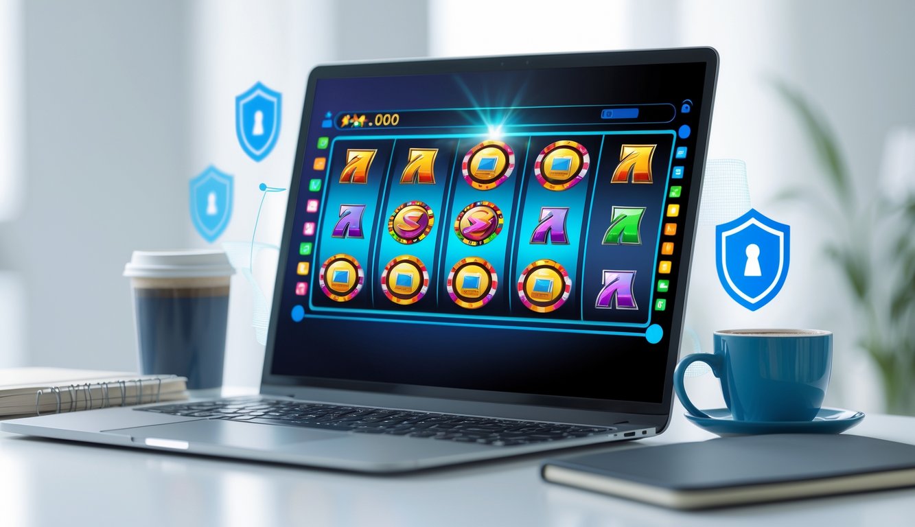 Seorang pengguna duduk di depan komputer dengan layar menampilkan permainan slot online yang berwarna-warni, di ruang kerja yang rapi dan terang.