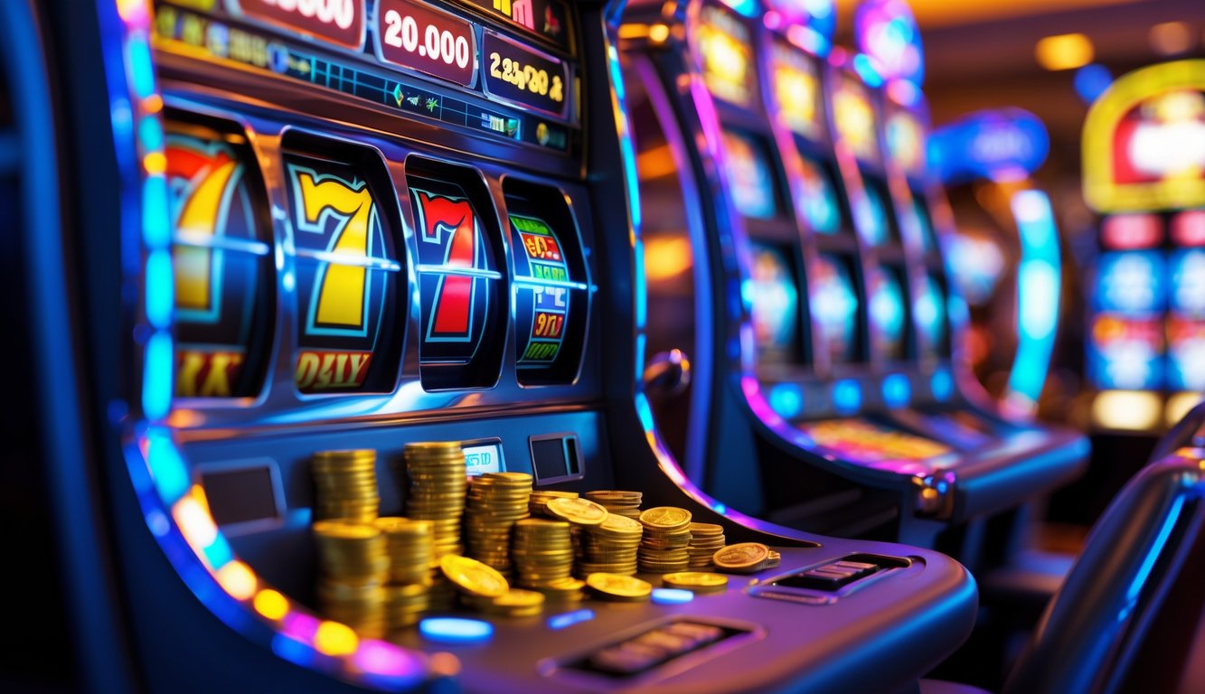Mesin slot modern dengan gulungan berwarna-warni yang sedang berputar dan koin jackpot keluar, di lingkungan kasino yang cerah dan menarik.