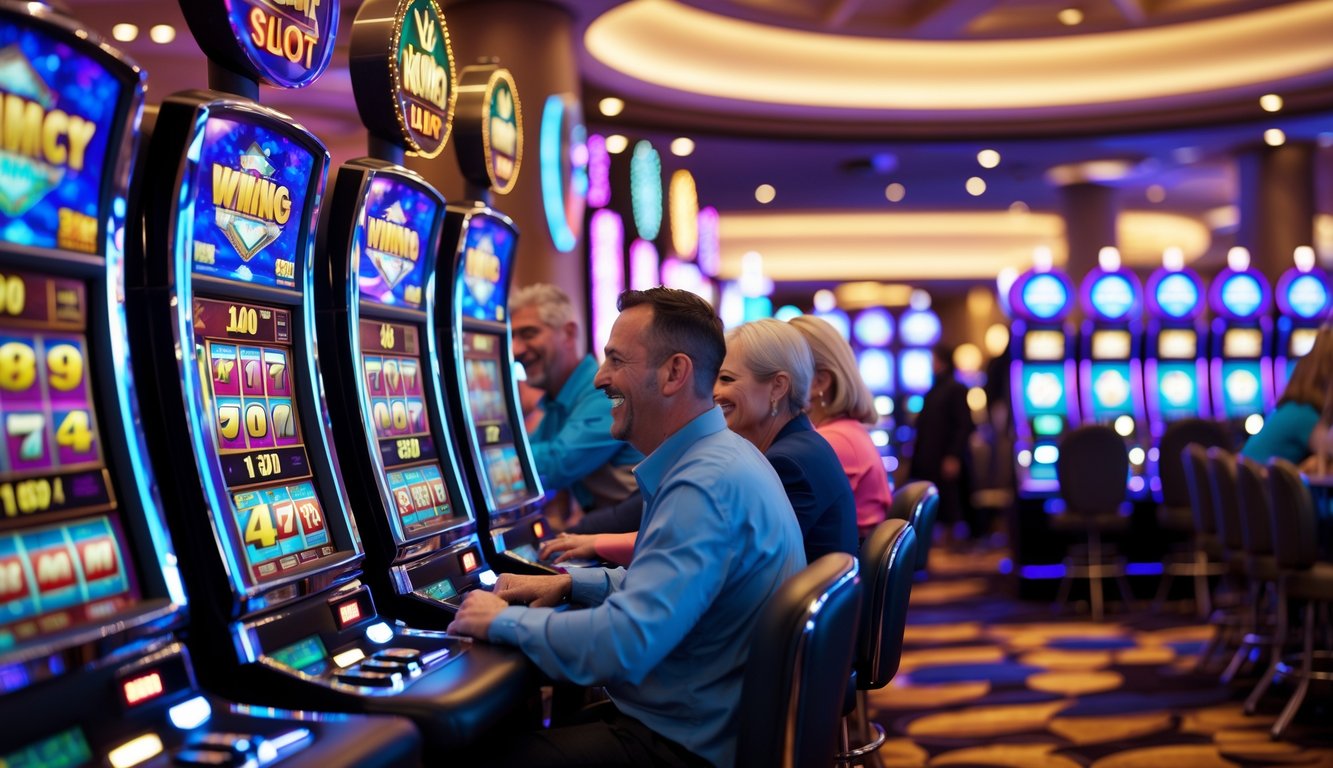 Orang-orang bermain mesin slot di kasino yang terang dan modern dengan suasana penuh kegembiraan dan kemenangan.