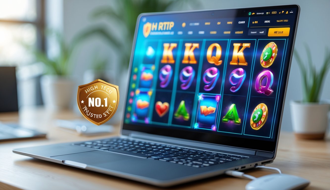 Sebuah komputer menampilkan permainan slot online dengan suasana ruang kerja yang rapi dan terang.