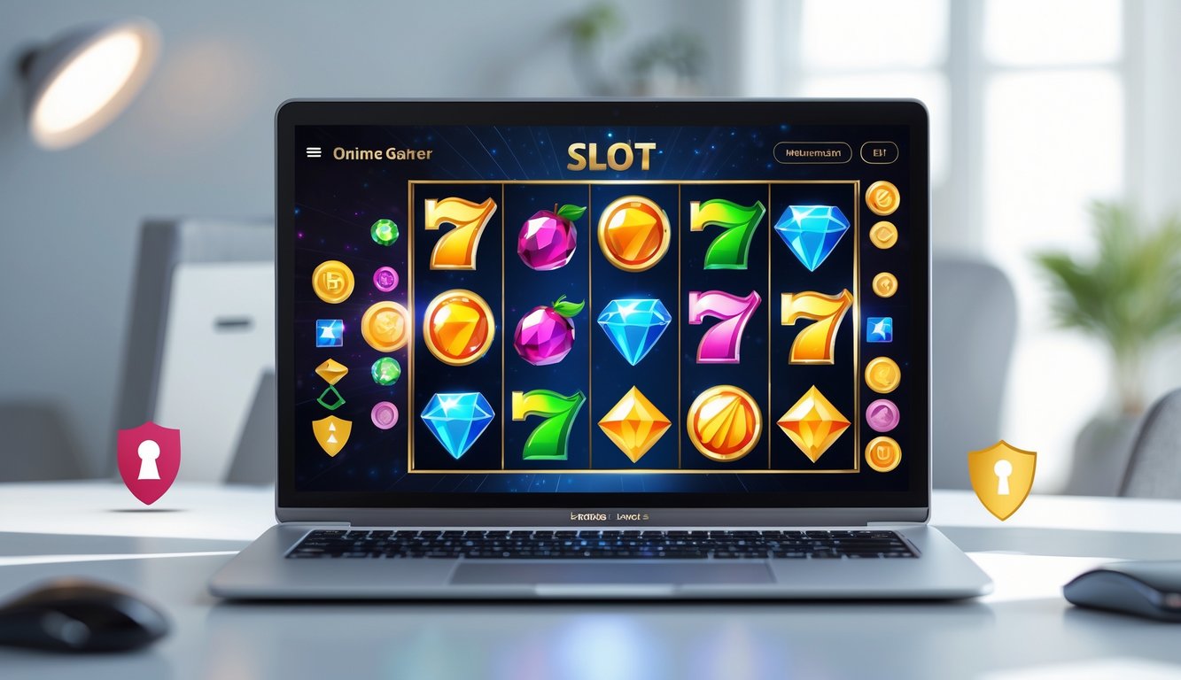 Sebuah komputer dengan layar menampilkan permainan slot online berwarna-warni di meja kerja yang rapi dan terang.