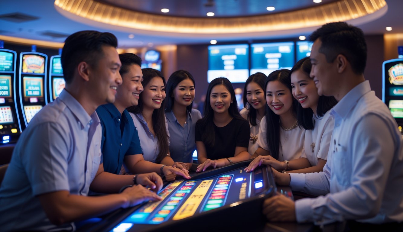 Sekelompok orang Indonesia bermain mesin slot di kasino modern dengan suasana yang percaya dan fokus.