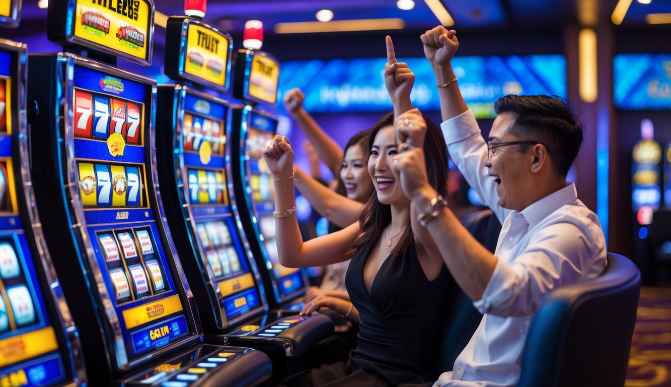 Suasana kasino dengan beberapa mesin slot modern yang menyala dan pemain yang terlihat senang sedang bermain.