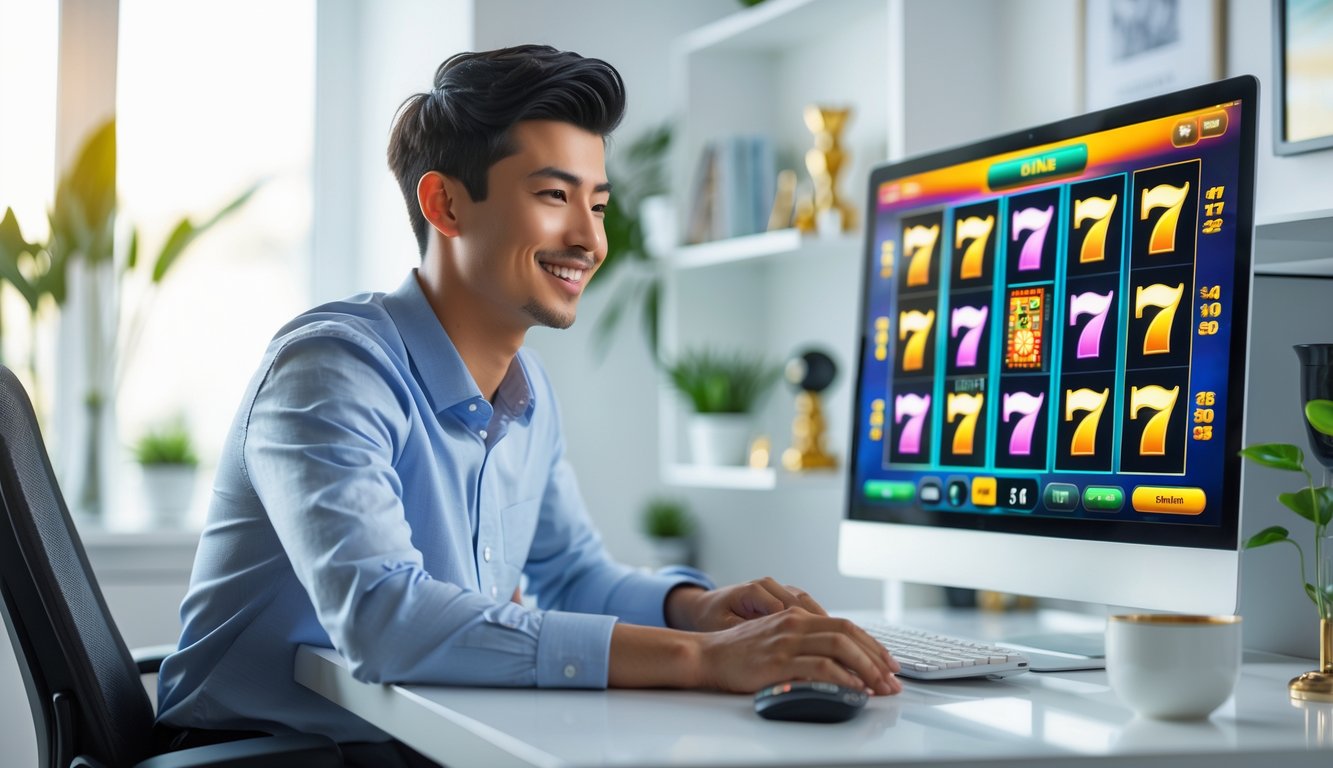 Seorang pria muda duduk di meja modern bermain permainan slot online dengan komputer di ruang kerja yang terang dan rapi.