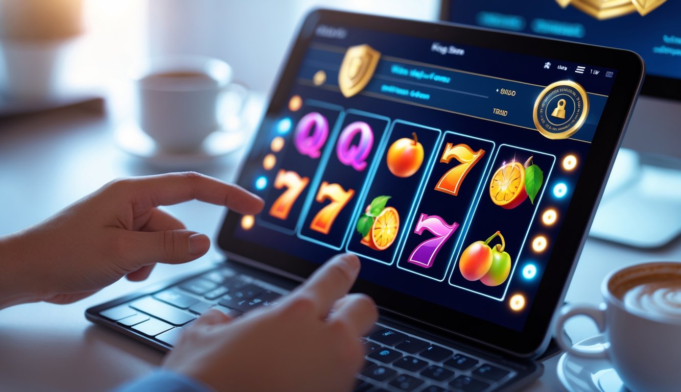 Tangan seseorang menggunakan tablet dengan tampilan mesin slot digital berwarna-warni di layar dalam suasana ruang kerja yang rapi dan terang.