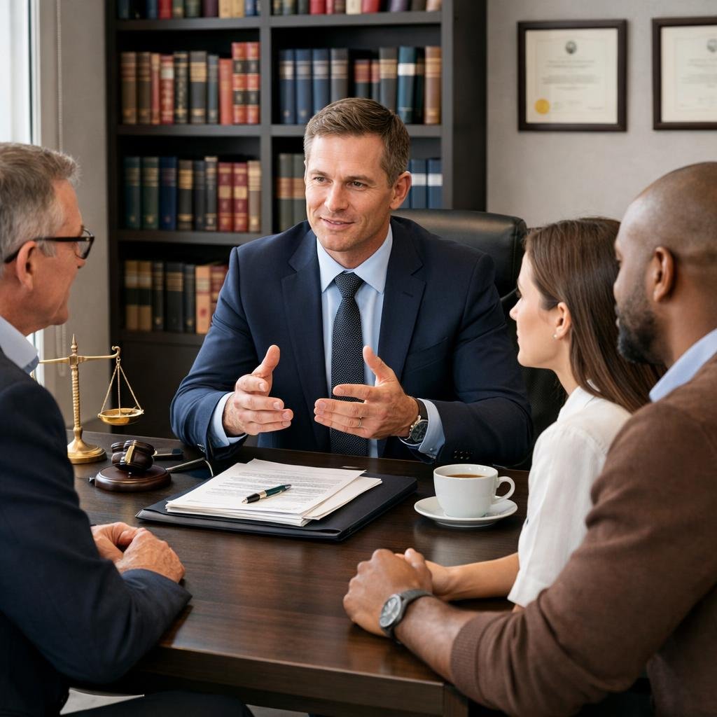 En arbetsrättsjurist som ger juridisk rådgivning till arbetsgivare och arbetstagare i ett kontor.