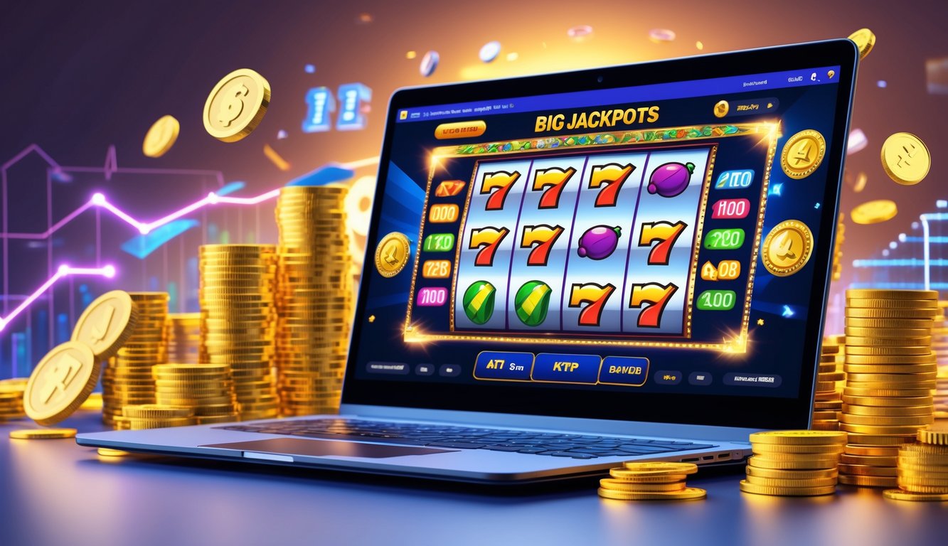 Seorang pemain sedang bermain mesin slot online di komputer dengan tumpukan koin emas dan grafik kemenangan di sekitar layar.