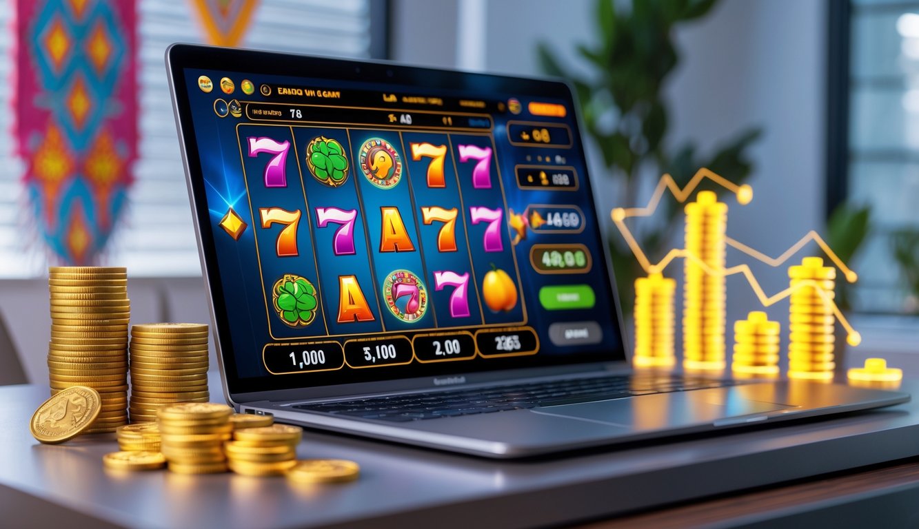 Seorang pengguna bermain permainan slot online di komputer dengan latar belakang yang mencerminkan budaya Indonesia dan simbol jackpot besar.