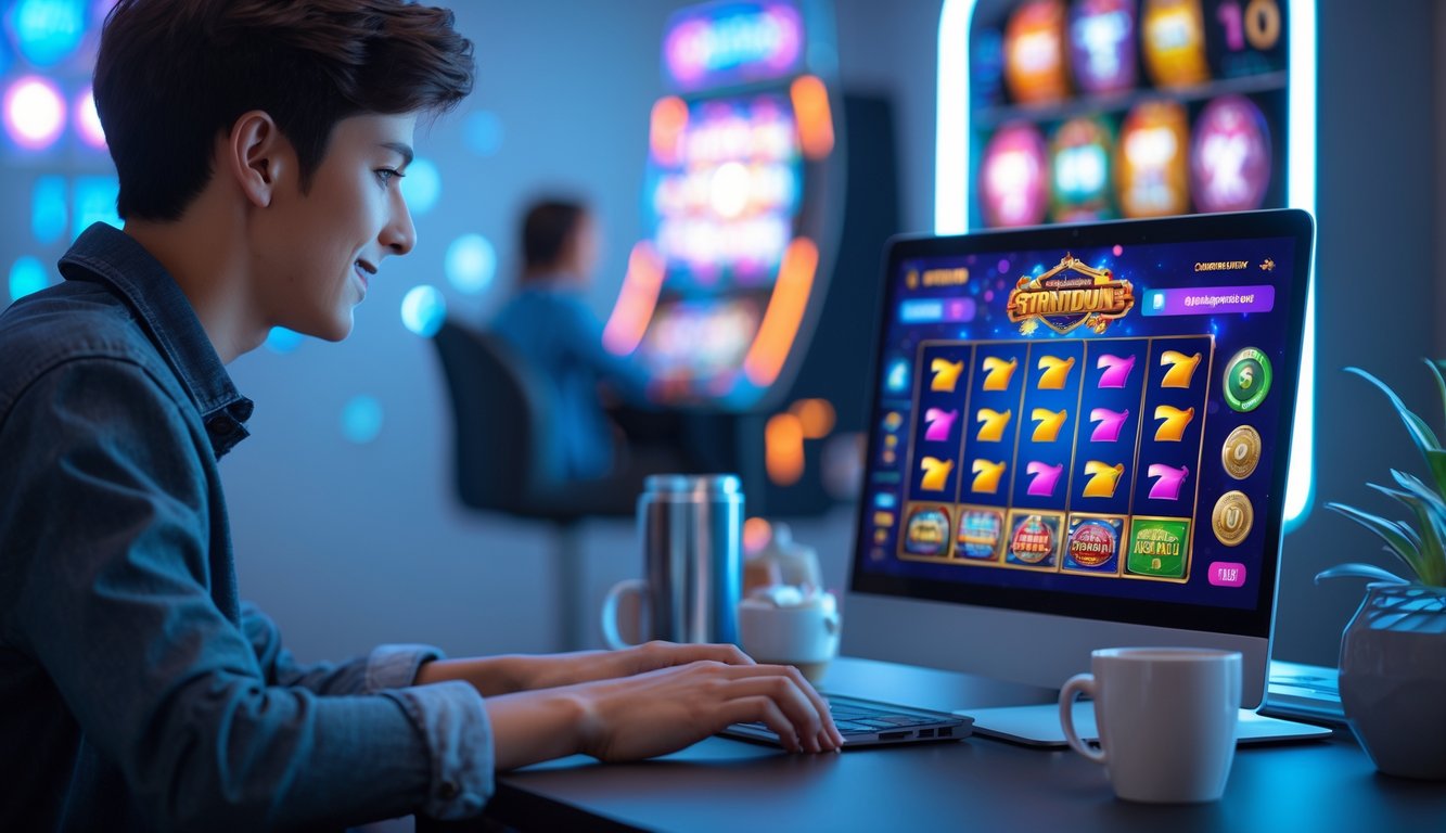 Seorang dewasa muda duduk di depan laptop yang menampilkan permainan slot online dengan latar belakang elemen kasino digital.