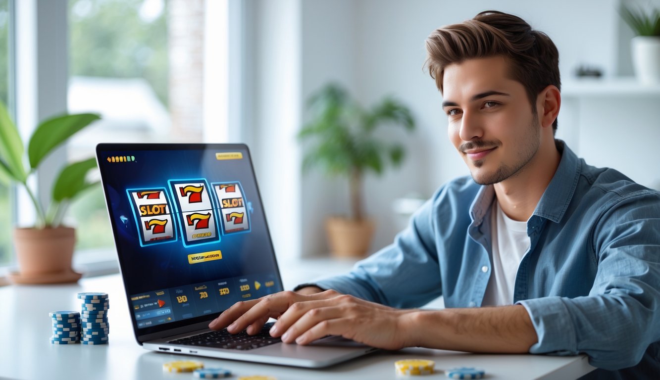 Seorang pria muda duduk di meja dengan laptop, sedang memilih situs slot online yang terpercaya di ruangan berlampu alami dan tanaman hijau.