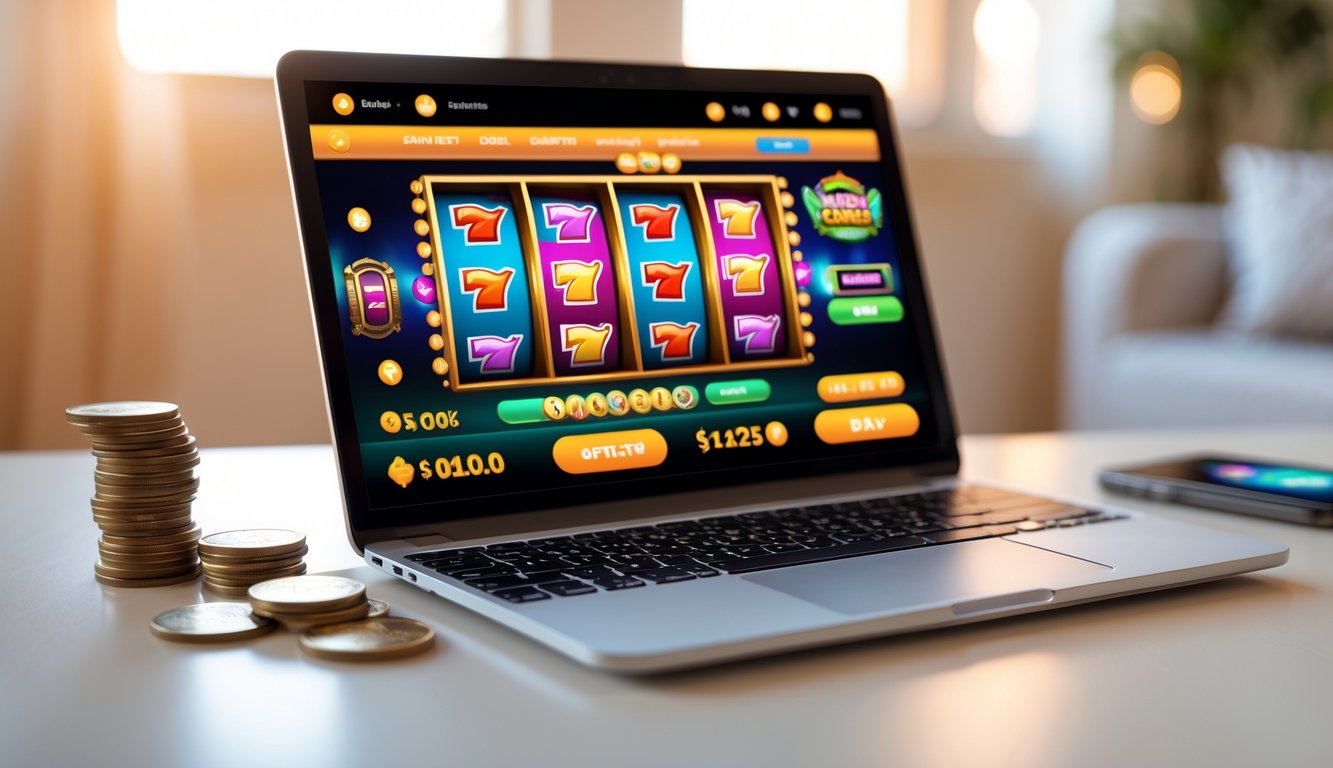 Seorang pengguna duduk di depan laptop dengan permainan slot online berwarna-warni di layar, di meja terdapat beberapa koin dan ponsel dengan aplikasi pembayaran, di latar belakang suasana ruangan yang nyaman.