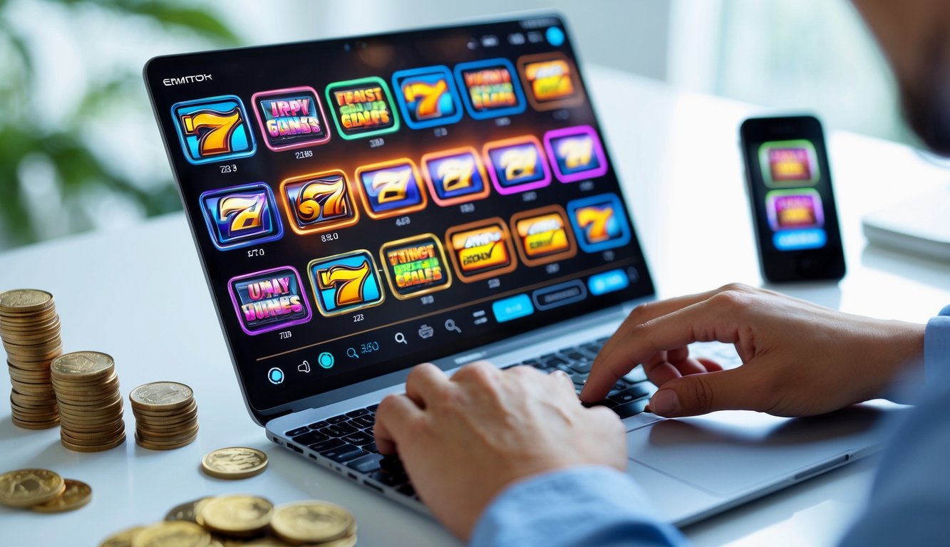 Seseorang menggunakan laptop dengan layar menampilkan berbagai permainan slot online berwarna-warni di meja kerja yang rapi.