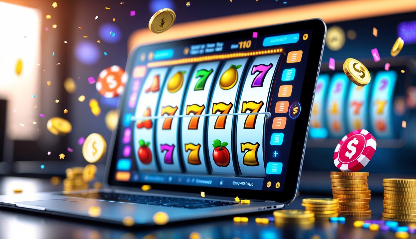 Layar perangkat menampilkan permainan slot online dengan simbol warna-warni dan koin bersinar di sekitarnya, di latar belakang suasana kasino yang hangat dan menyenangkan.