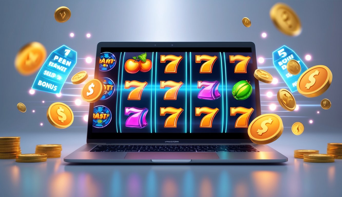 Seorang pengguna sedang bermain slot online di komputer dengan tampilan mesin slot berwarna-warni dan koin digital yang bersinar.