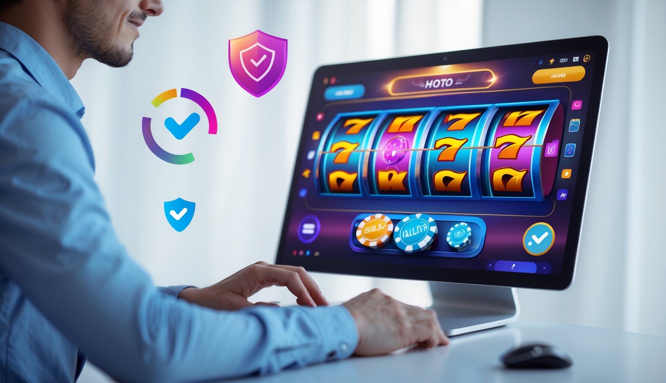 Seorang pria fokus melihat layar komputer yang menampilkan permainan slot online dengan latar belakang bersih dan pencahayaan lembut.