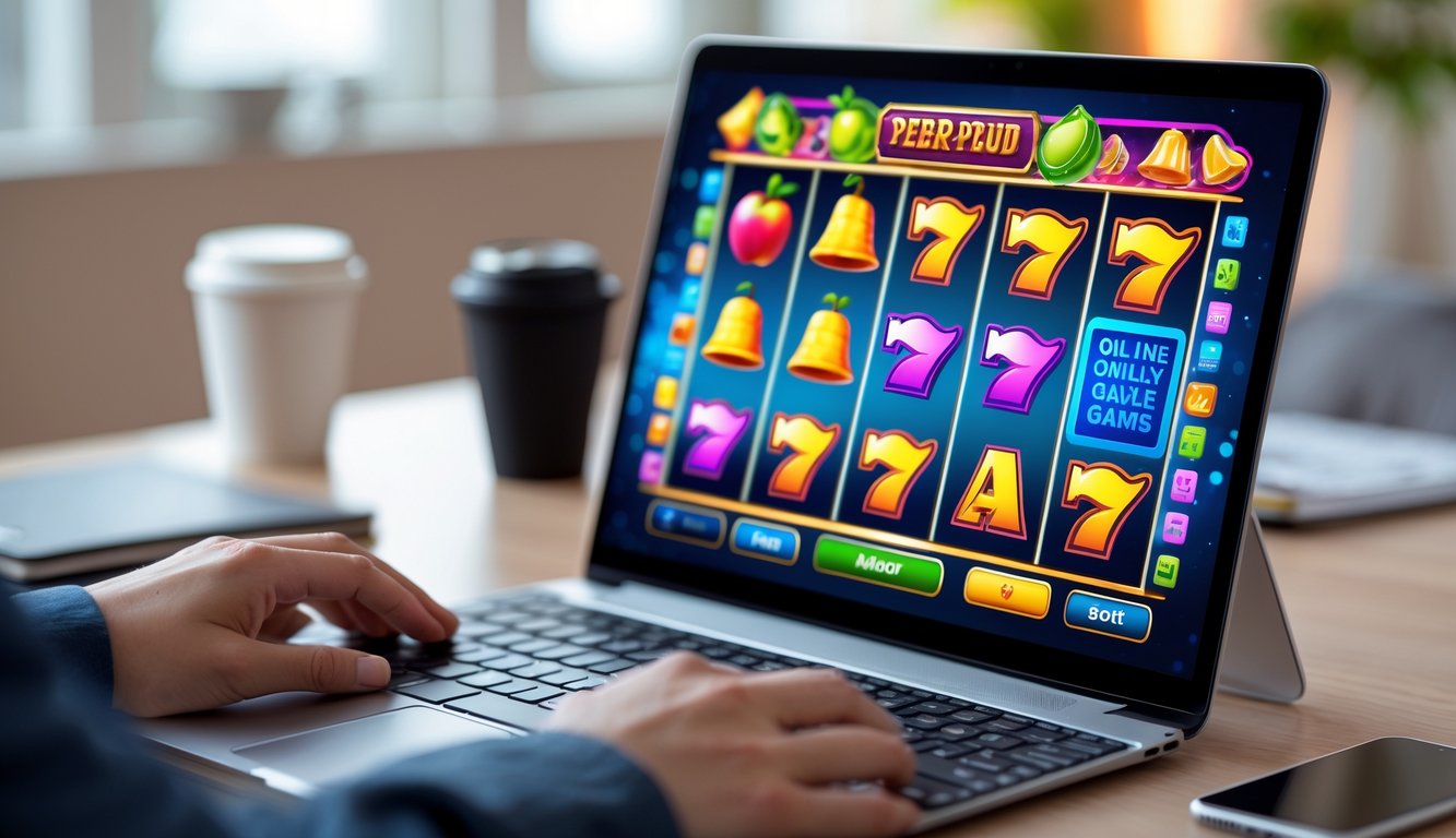 Seseorang menggunakan komputer dengan tampilan permainan slot online yang berwarna-warni di layar, di lingkungan ruangan yang nyaman dan terang.