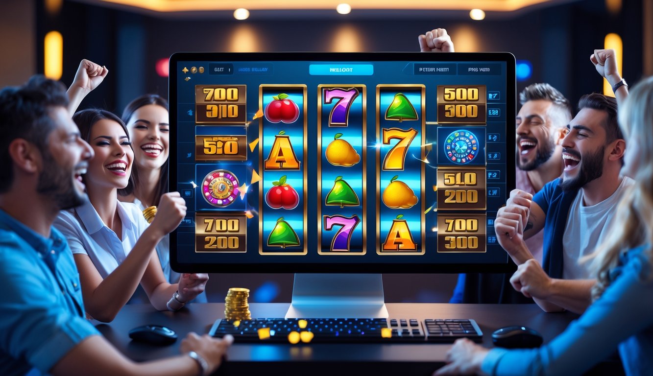 Orang-orang senang bermain mesin slot online di perangkat digital dengan latar ruang permainan modern.