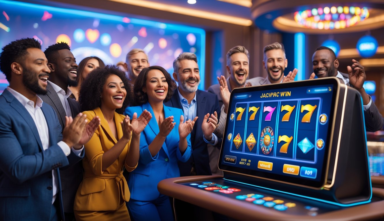 Sekelompok orang yang bahagia merayakan kemenangan jackpot di depan layar mesin slot digital di ruangan yang terang dan modern.