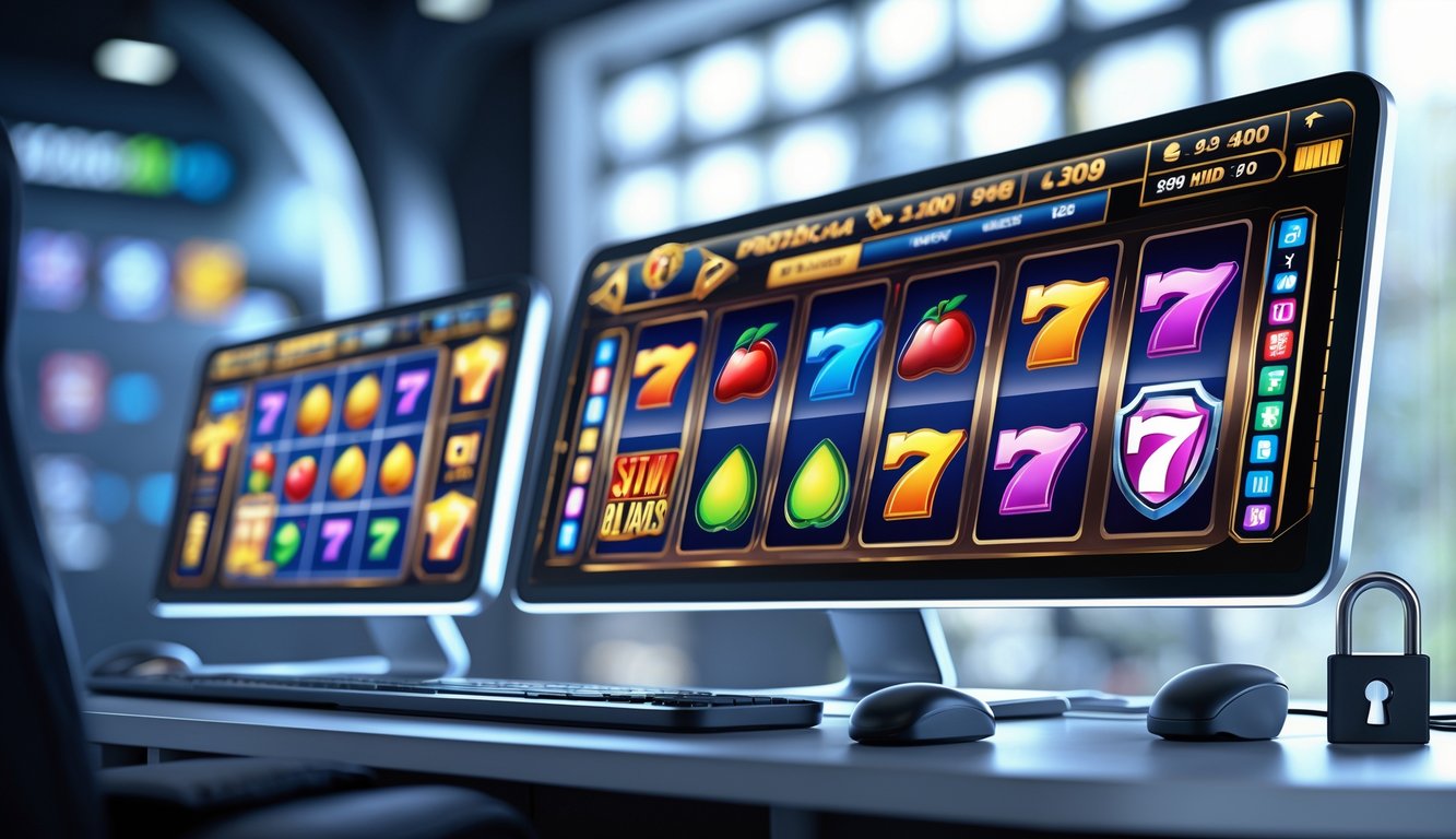 Tampilan komputer modern dengan beberapa layar yang menampilkan permainan slot online berwarna-warni dan ikon keamanan digital.